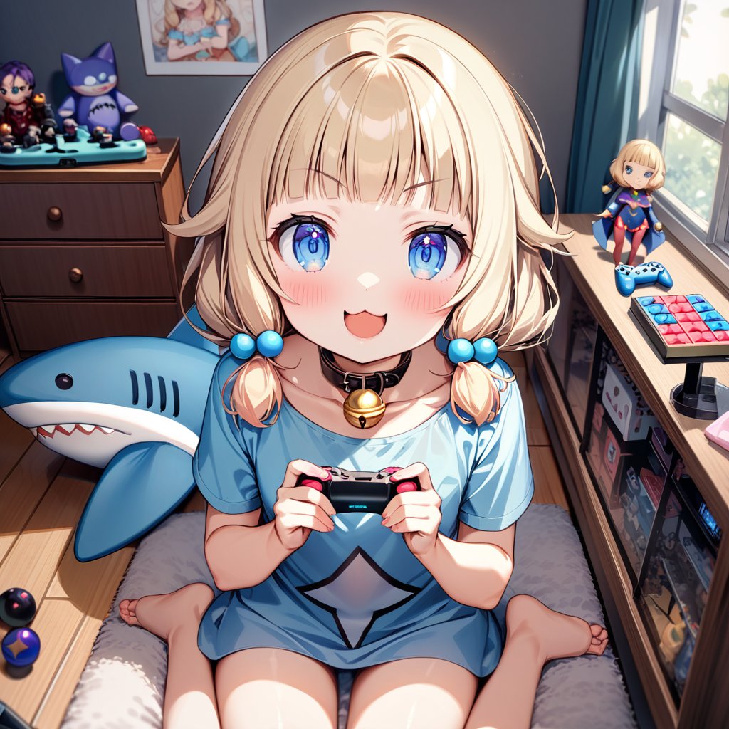 (masterpiece), sakura nene, 1girl, solo, blush, smile, short hair, (bangs), blue eyes, blonde hair, shirt, hair ornament, low twintails, collarbone, :d, blunt bangs, hair bobbles ,

cat collar, bell, jingle bell, neck bell, drawers,

girl in a cute shark costume,
holding game pad in both hands,

smile, :3, V-shraped eyebrows,

in the play room, display low shelve, fancy items, home game consoles, game pads, puzzle toys, toys, fancy toys, stuffed toys, anime character figures, cushions, Wooden floors, light blue carpet, large windows, posters,

sit on the floor, cowboy shot,

looking at viewer, shot from front and above,
score_9,sakura nene,score_8_up,Details,mona,Detailed Masterpiece,