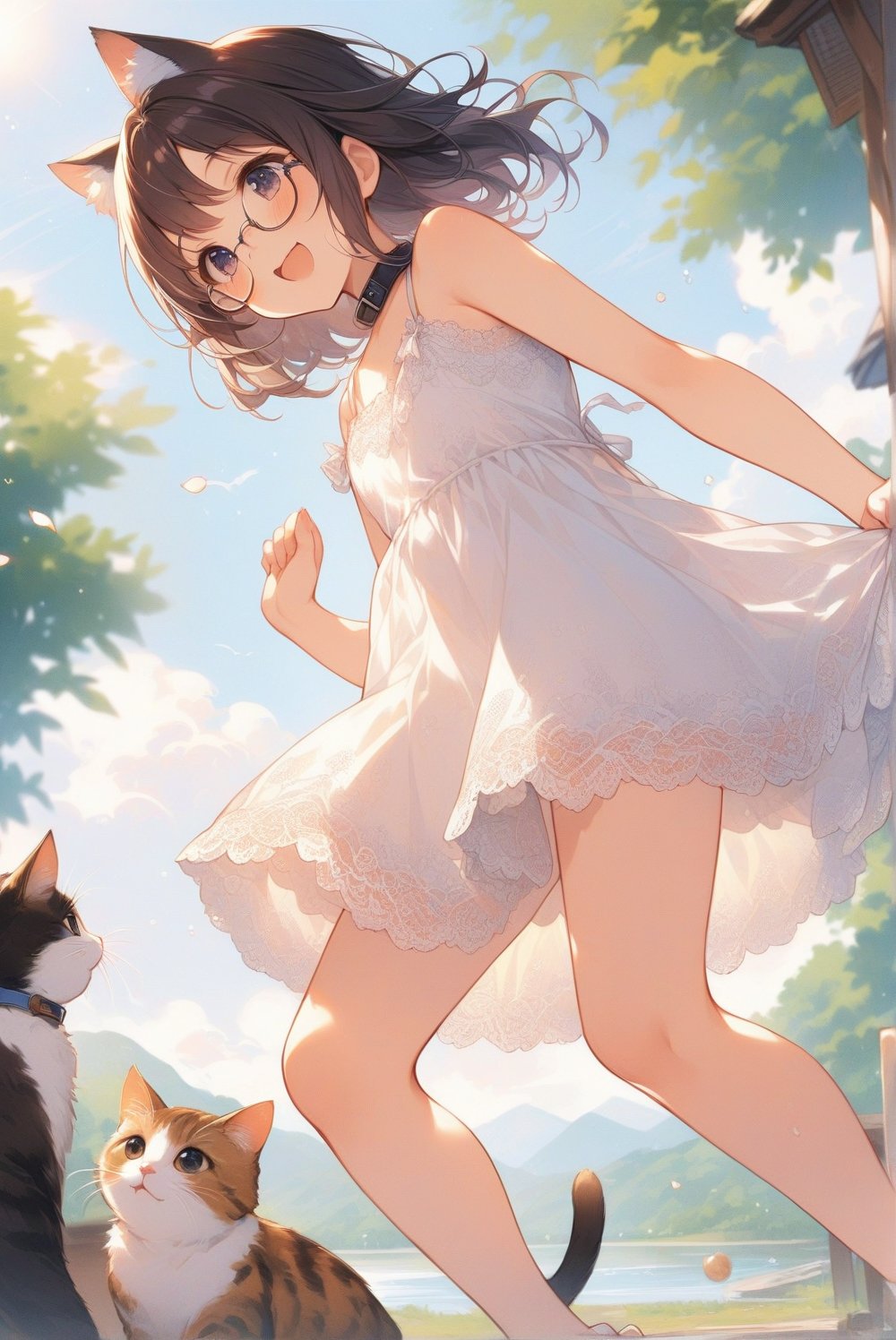 beautiful details, uniform 8K wallpaper, high resolution, exquisite texture in every detail,  beautiful illustration,manga touch

1girl, (((very young girl))), shyness,
summer, japanese countryside, in lakeside,
white Summer-like camisole dress , blue line ribbon, lots of lace,

((nekomimi)),Cat ears the same color as her hair,
short hair, open mouth, (glasses), round eyes, cat collar, , black hair, smile, :3,

in the park, play with cats,
frying,  jumping, fluttering in the wind,

shot angle is slightly tilted, adding dynamic movement to the shot, shot from side and below,
, looking at another, look away, looking at cats,

nekomimimeganekao