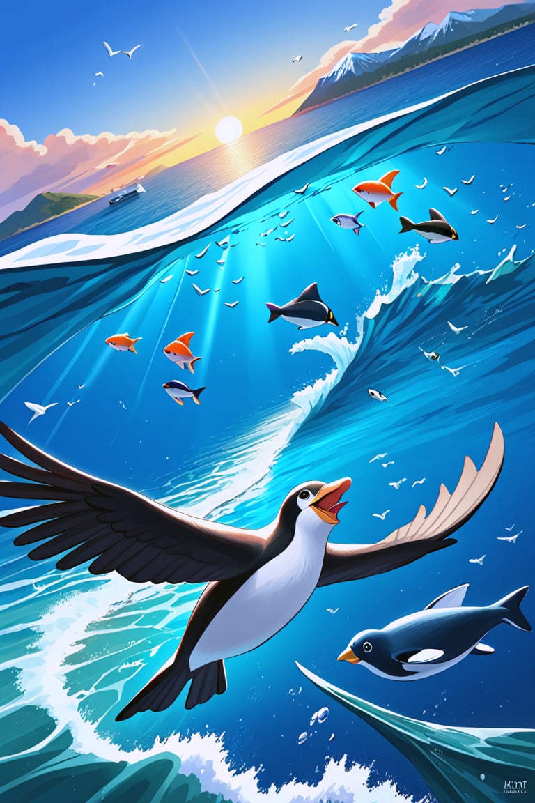 masterpiece, bestquality, cute,

1 animal , fancy, putite, one head, penguin, Emperor penguin,bird wings, bird regs, fish fin, fish tail, flying happily, ocean, iceberg, Antarctica, clear sky, dynamic action,