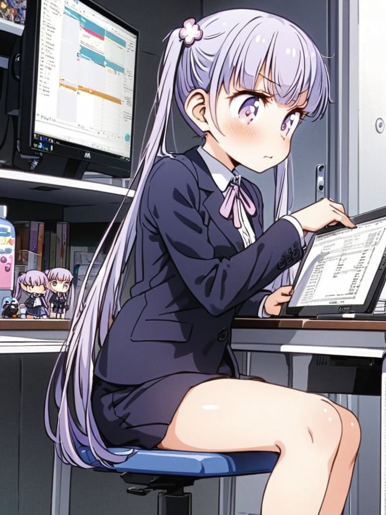 8k, ultra detailed, 
suzukaze aoba, 1girl, long hair, twintails, purple hiar, purple eyes, hair ornament,



formal,  dark blue jaket suit, dark blue skirt suit , neck ribbon, 

sit on chair,

looking at another, V-shaped eyebrows, close eyes, o3o,  look to monitor, monitor showing the game,
hand on pen,

in the office,
Partitioned work desk behind, 

Pen holder, pen tablet, monitor, paper, pasted notes, thick book, casual pc chair, anime character figure, mug, PET bottles,

shot from side and below
, cowboy shot,perfect focus,

suzukaze aoba,