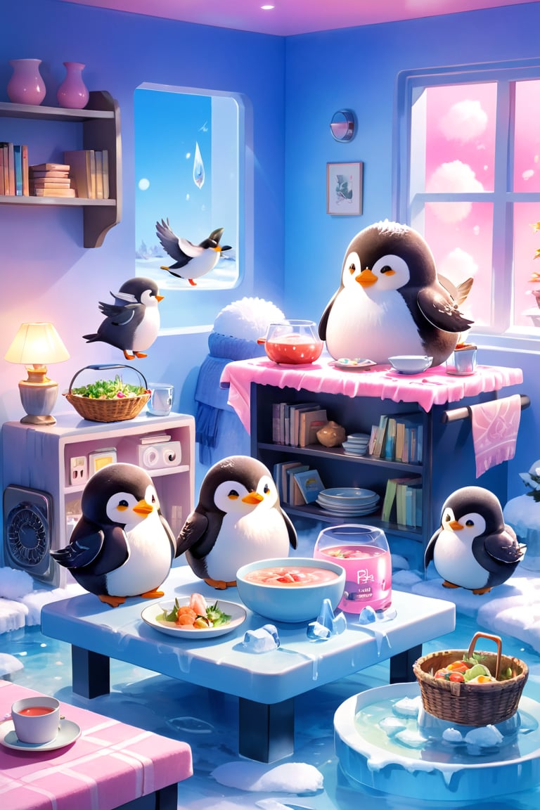 masterpiece, bestquality, illustration, watercolor,

animals , (fluffy:1.5),
4 fluffy penguins, scarfs, talking, in the ice room, ice low table,
stand next to the table,

cool color lighting in the room,

pink table cloth,  plate, water pot, glass,Four mugs, 4 plate with soup, a pot of soup, a salad bowl, a basket with bread,

Books, bookshelf, lamp, basket, small shelf, stuffed fish, radio cassette player,

black Arms that look like bird wings, 
cartoon, cute, fancy, putite, 

focus animal,
Xxmix_Catecat,Anime,hentai,More Reasonable Details