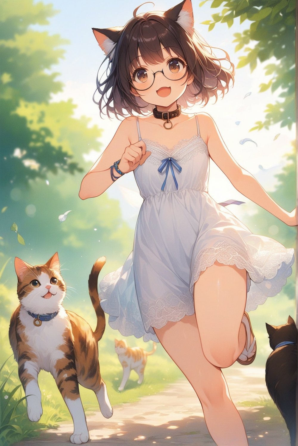 beautiful details, uniform 8K wallpaper, high resolution, exquisite texture in every detail,  beautiful illustration,manga touch

1girl, ((high school-age girl)), shyness,
summer, japanese countryside, in lakeside,
white Summer-like camisole dress , blue line ribbon, lots of lace,

((nekomimi)),Cat ears the same color as her hair,
short hair, open mouth, (glasses), round eyes, cat collar, , black hair, smile, :3,

running,
in the park, play with cats,
frying,  jumping, fluttering in the wind,

shot angle is slightly tilted, adding dynamic movement to the shot, shot from side and below,
, looking at another, look away,

nekomimimeganekao
