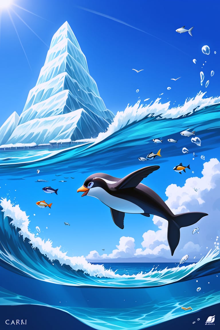 1 animal , penguin, Emperor penguin, fish fin, fish tail, flying happily, ocean, iceberg, Antarctica, clear sky, dynamic action,