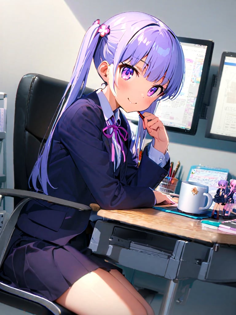 8k, ultra detailed, 
suzukaze aoba, 1girl, long hair, twintails, purple hiar, purple eyes, hair ornament,

 looking at viewer, smile, :), 

 formal,  dark blue jaket suit, dark blue skirt suit , neck ribbon, 

sit on chair,

A box of sweets is on own lap, pick it up and eat stick chocorate with own fingers,

in the office,
Partitioned work desk behind, 

Pen holder, pen tablet, monitor, paper, pasted notes, thick book, casual pc chair, anime character figure, mug, PET bottles,

shot from side and below
, cowboy shot,perfect focus,

suzukaze aoba,