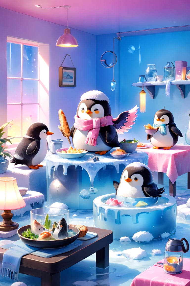 masterpiece, bestquality, illustration, watercolor,

animals , (fluffy:1.5),
4 fluffy penguins, scarfs, penguins wearing a scarf, talking, in the ice room, ice low table,
stand next to the table,

cool color lighting in the room,

pink table cloth,  plate, water pot, glass,Four mugs, 4 plate with soup, a pot of soup, a salad bowl, a basket with bread,

Books, bookshelf, lamp, basket, small shelf, stuffed fish, radio cassette player,

black Arms that look like bird wings, 
cartoon, cute, fancy, putite, 

focus animal,
Xxmix_Catecat,Anime,hentai,More Reasonable Details