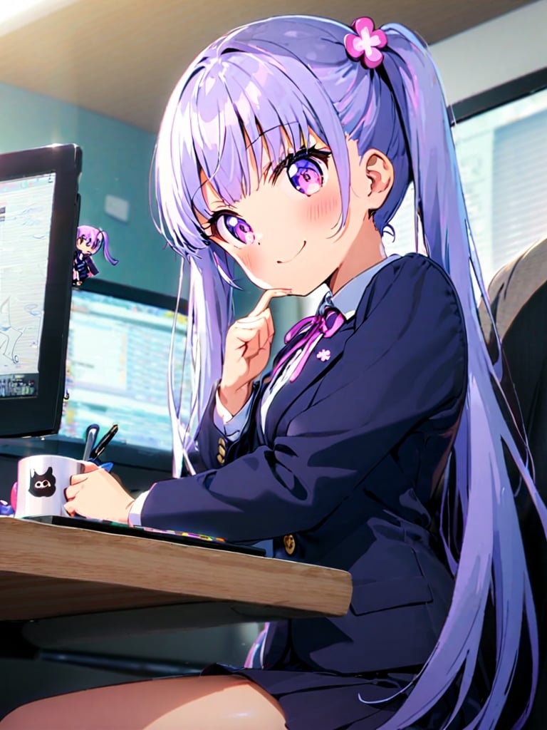 8k, ultra detailed, 
suzukaze aoba, 1girl, long hair, twintails, purple hiar, purple eyes, hair ornament,

 looking at viewer, smile, :), 

 formal,  dark blue jaket suit, dark blue skirt suit , neck ribbon, 

sit on chair,

A box of sweets is on own lap, pick it up and eat stick chocorate with own fingers,

in the office,
Partitioned work desk behind, 

Pen holder, pen tablet, monitor, paper, pasted notes, thick book, casual pc chair, anime character figure, mug, PET bottles,

shot from side and below
, cowboy shot,perfect focus,

suzukaze aoba,