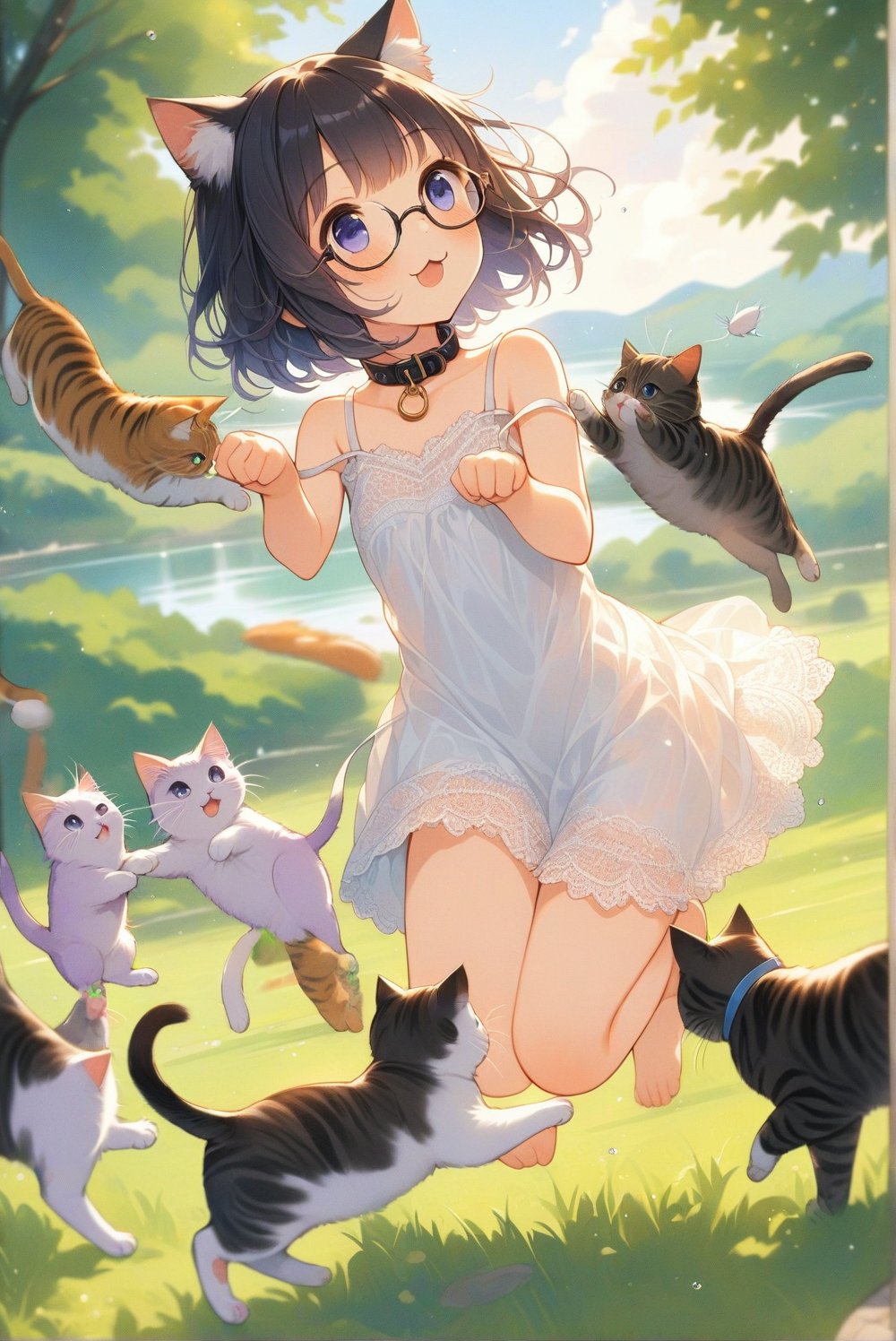 beautiful details, uniform 8K wallpaper, high resolution, exquisite texture in every detail,  beautiful illustration,manga touch

1girl, (((very young girl))), shyness,
summer, japanese countryside, in lakeside,
white Summer-like camisole dress , blue line ribbon, lots of lace,

((nekomimi)),Cat ears the same color as her hair,
short hair, open mouth, (glasses), round eyes, cat collar, , black hair, smile, :3,

in the park, play with cats,
frying,  jumping, fluttering in the wind,

shot angle is slightly tilted, adding dynamic movement to the shot, shot from side and below,
, looking at another, look away, looking at cats,
hands in cat, arms up,


nekomimimeganekao
