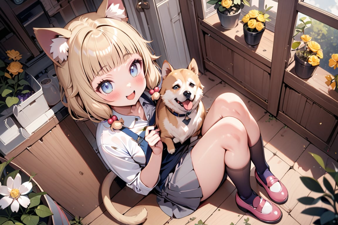 (masterpiece), sakura nene, 1girl, looking at viewer, blush, smile, short hair, open mouth, ((bangs)), blue eyes, blonde hair, brown hair, shirt, hair ornament, twintails, , collarbone, :d, blunt bangs, hair bobbles ,

 , animal, white flower, shirt, animal ears, flower, collared shirt, , socks, , black socks, gloves, , apron, holding, lie on back, , blush, ,tail, yellow flower, pink footwear, white shirt, animal ear fluff, , bird, kneehighs, full body, skirt, rose, potted plant, , watering can, , shoes, grey skirt,

dog on chest, looking at dog, shot from side and above,

score_9,sakura nene,score_8_up,Details,mona,Detailed Masterpiece