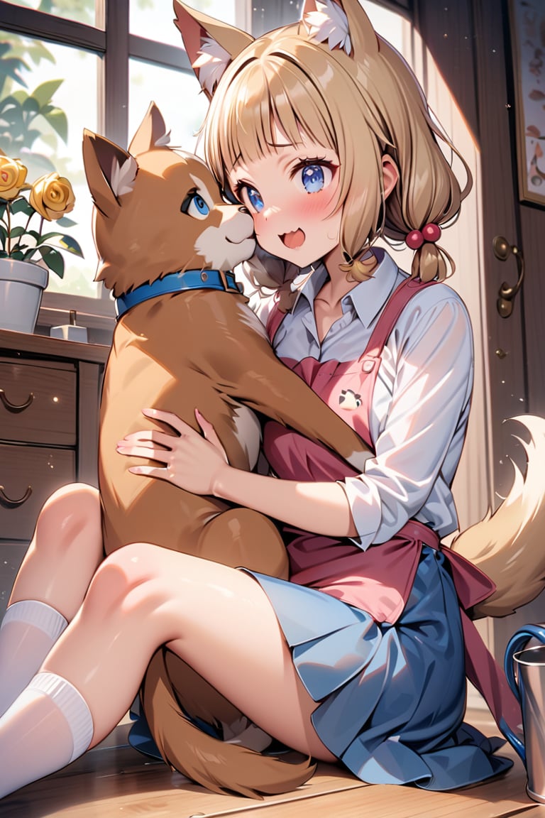 (masterpiece), sakura nene, 1girl, looking at viewer, blush, smile, short hair, wavy mouth, (bangs), blue eyes, blonde hair, brown hair, shirt, hair ornament, low twintails, , collarbone, :d, blunt bangs, hair bobbles ,

 , animal, white flower, shirt, animal ears, flower, collared shirt, , socks, , white socks, gloves, , apron,  sitting, , blush, ,tail, yellow flower, pink footwear, white shirt, animal ear fluff, , bird, kneehighs,, full body, skirt, rose, potted plant, , watering can, , shoes, blue skirt,

nsfw, drawers,
sit on the floor,
V-shraped eyebrows,
sitting cross-legged, korgi dog, dog between legs,
hug the dog, play with dog,
dog and girl facing each other, face to face,

looking at another, shot from side and below,


score_9,sakura nene,score_8_up,Details,mona,Detailed Masterpiece,nekomimimeganekao
