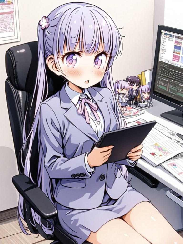 8k, ultra detailed, 
suzukaze aoba, 1girl, long hair, twintails, purple hiar, purple eyes, hair ornament,

 looking at viewer, blush, V-sharped eyebrows, :o, 

 formal,  jaket, skirt suit , neck ribbon, 

sit on chair,

A box of sweets is on own lap, pick it up and eat stick chocorate with own fingers,

in the office,
Partitioned work desk behind, 

Pen holder, pen tablet, monitor, paper, pasted notes, thick book, casual pc chair, anime character figure,

shot from front , cowboy shot,

suzukaze aoba,