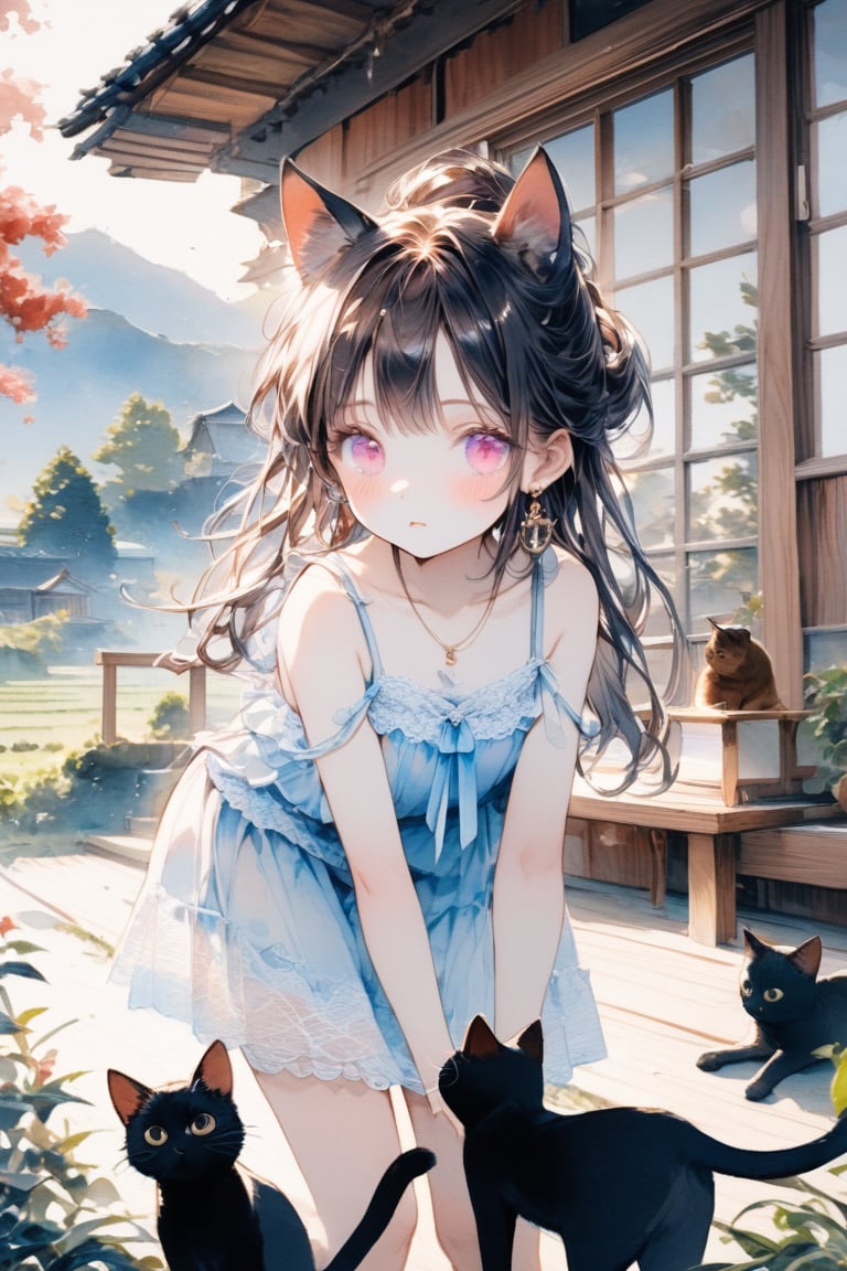 Masterpiece, beautiful details, perfect focus, uniform 8K wallpaper, high resolution, exquisite texture in every detail, one girl, solo, long hair,  blush, bangs, , black hair, bow, jewelry , updo, cowboy shot, ,  earrings, pink eyes, clear eyes, leaning forward,\,,Chibi,watercolor \(medium\),scenery

,((black cat ear))
,3cats
,sit down ,

, hip shift , Summer-like camisole dress with lots of lace ,the porch of a house in the Japanese countryside,scenery ,play with cats

,cowboy shot