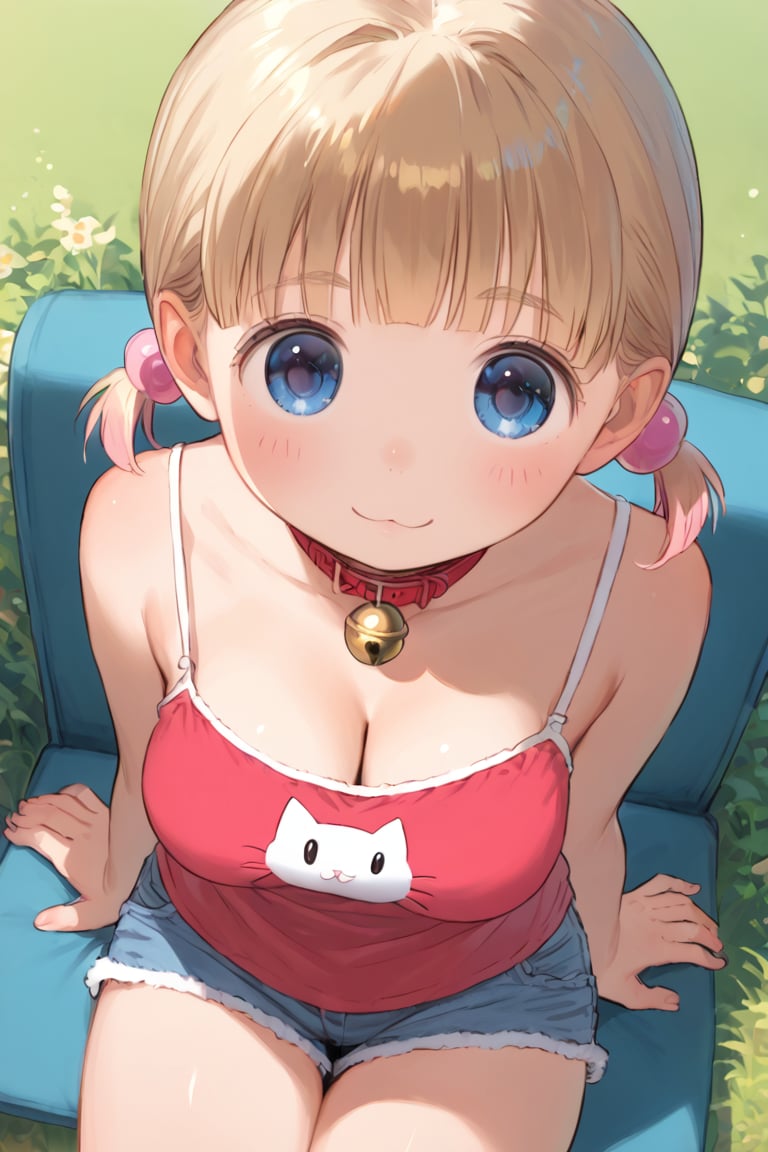 anime style, 
best quality, 8k, ultra-detailed, score_9, 
sakura nene, short hair, very short bangs, low short twintails, blonde hair, thin short eyebrows, blue eyes, hair bobbles, 

(((cute and round face))), big eyes, (((open eyes))), big eyeballs, anime style,

upper body, from above, busty, camisole, shorts, cat collar, bell, jingle bell, neck bell,

in the park,
M-shaped sitting,