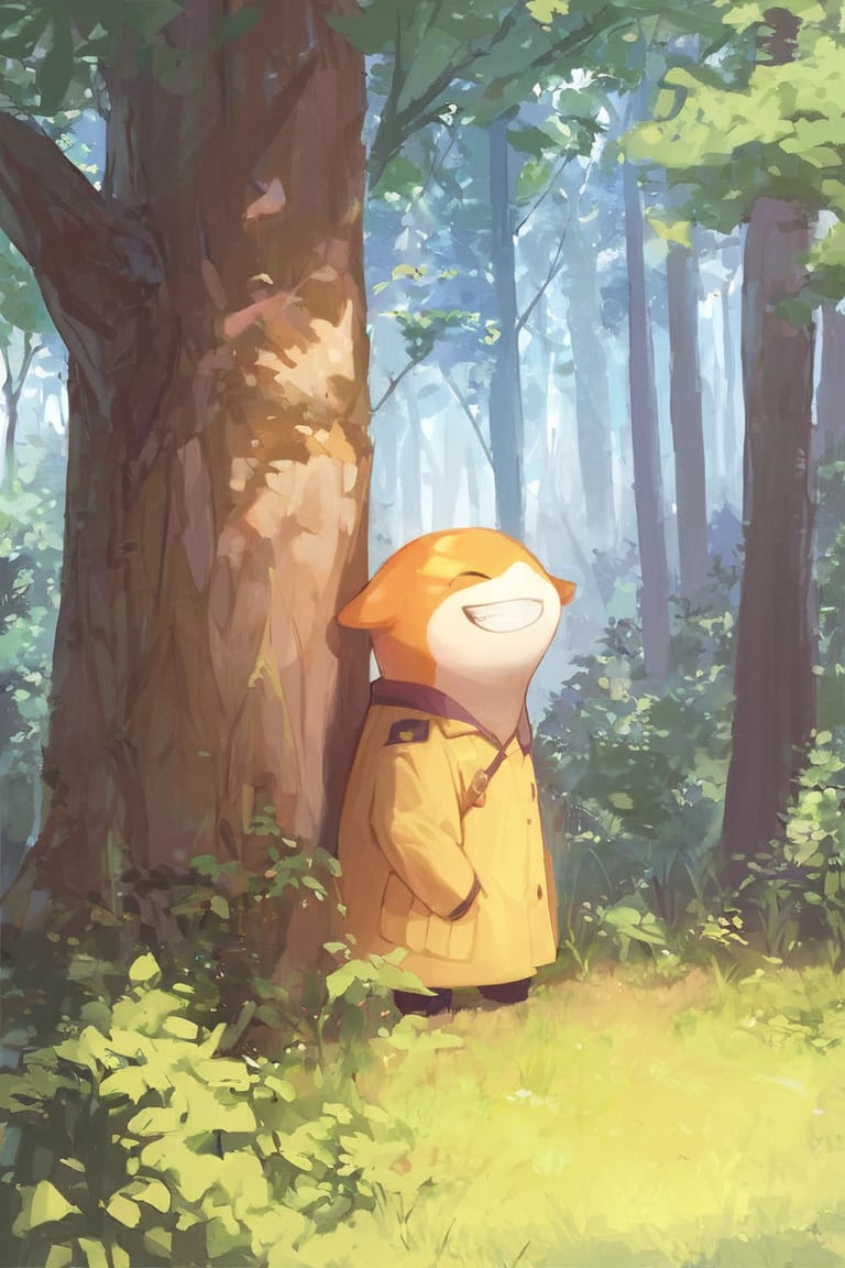 master piece, uniform 8k, ultra-detailed, score_9, score_8, best quality, 

(((onsokumaru))),  solo, all yellow colored body, one head, round body, smile, , closed eyes, grin, creature, no humans, 

in the forest,
tree, nature, forest, day, 
