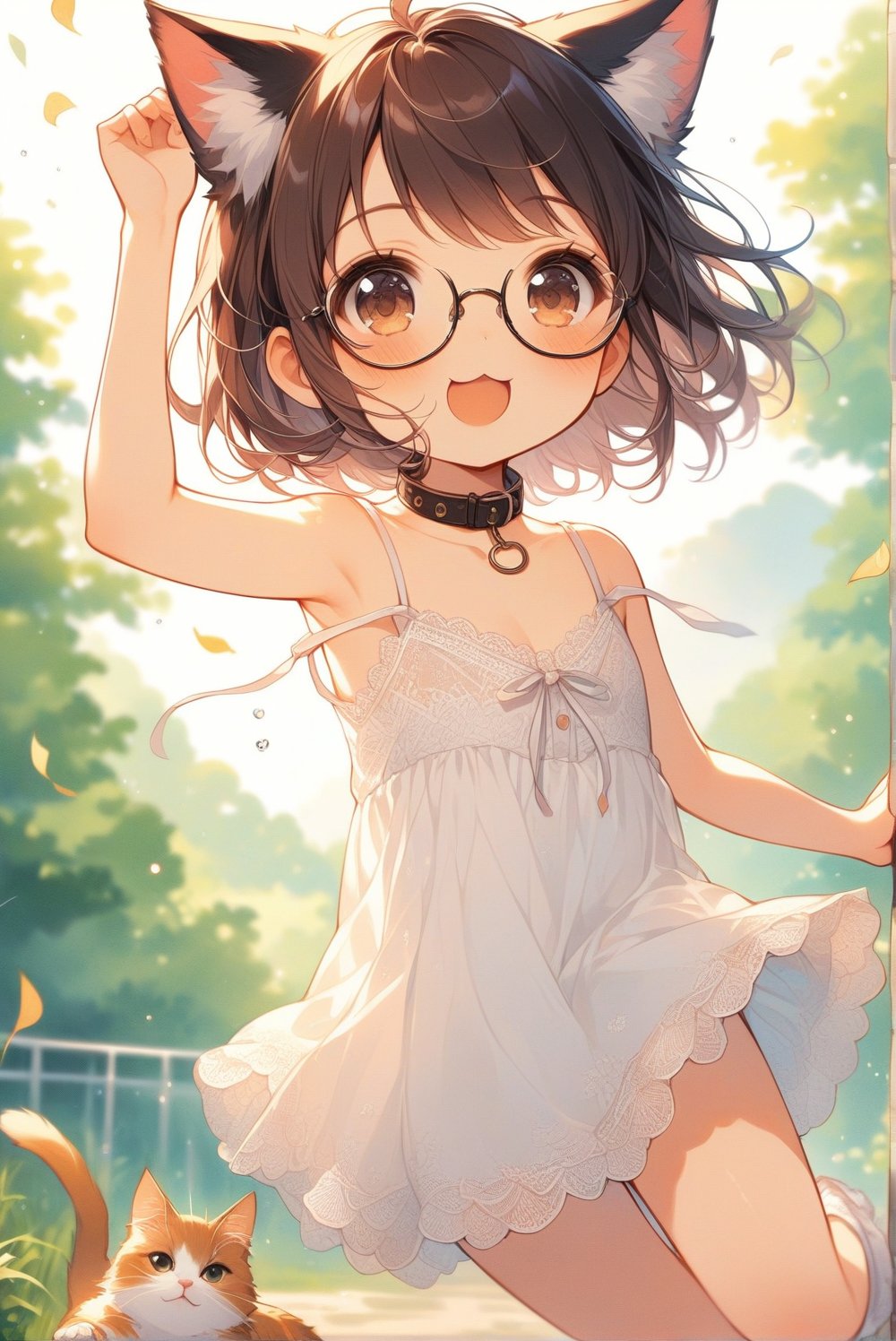 beautiful details, uniform 8K wallpaper, high resolution, exquisite texture in every detail,  beautiful illustration,manga touch

1girl, (((very young girl))), shyness,
summer, japanese countryside, in lakeside,
white Summer-like camisole dress , blue line ribbon, lots of lace,

((nekomimi)),Cat ears the same color as her hair,
short hair, open mouth, (glasses), round eyes, cat collar, , black hair, smile, :3,

in the park, play with cats,
frying,  jumping, fluttering in the wind,

shot angle is slightly tilted, adding dynamic movement to the shot, shot from side and below,
looking at cats, arms up, arm in cat, hand on cat, 
dynamic action,

nekomimimeganekao,Deformed