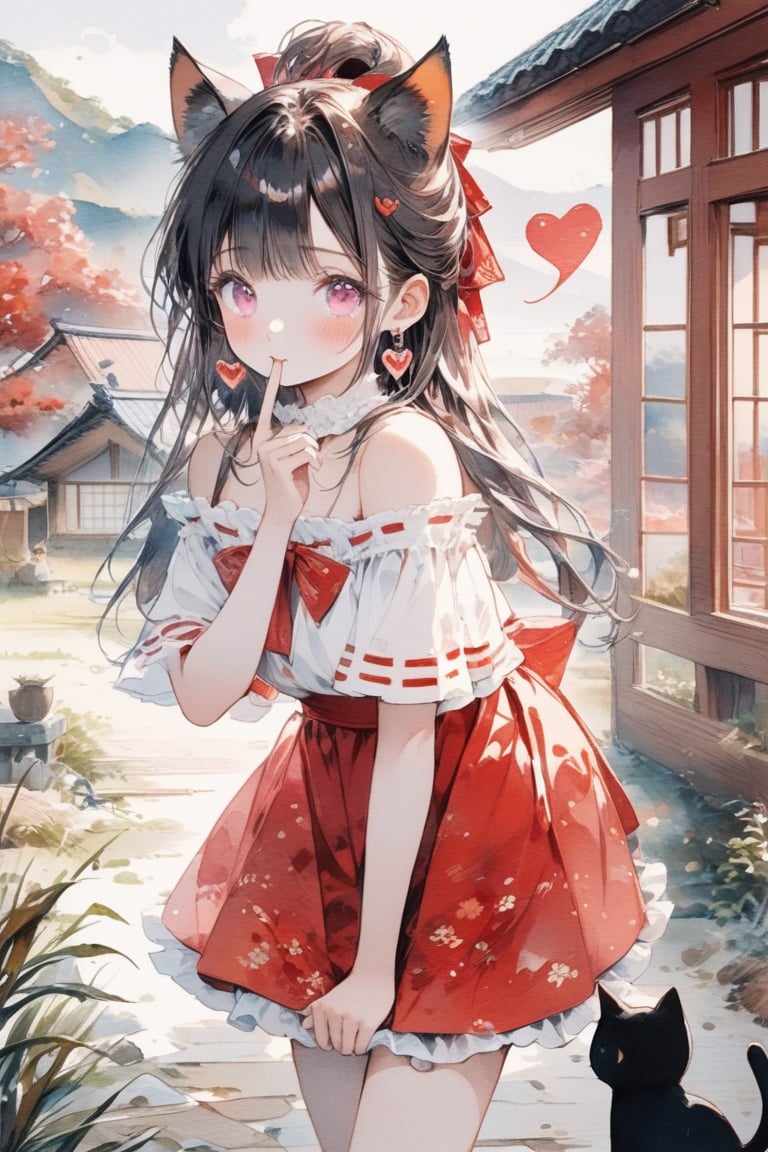 Masterpiece, beautiful details, perfect focus, uniform 8K wallpaper, high resolution, exquisite texture in every detail, one girl, solo, long hair, looking at the viewer, blush, bangs, skirt, simple background, shirt, black hair, bow, jewelry , dress, updo, cowboy shot, ruffled skirt, off-shoulder dress, earrings, pink eyes, clear eyes, leaning forward, , fingers to mouth, heart\(\symbol\)\,cute comic,Chibi,watercolor \(medium\),scenery

,((black cat ear))

, hip shift ,  ,the porch of a house in the Japanese countryside,scenery ,play with cats