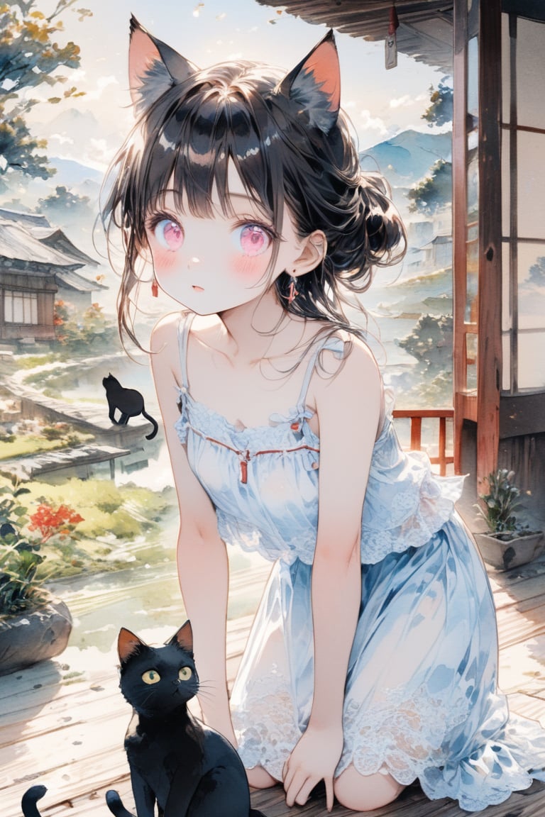 Masterpiece, beautiful details, perfect focus, uniform 8K wallpaper, high resolution, exquisite texture in every detail, one girl, solo, long hair,  blush, bangs, , black hair, bow, jewelry , updo, cowboy shot, ,  earrings, pink eyes, clear eyes, leaning forward,\,,Chibi,watercolor \(medium\),scenery

,((black cat ear))
,3cats
,sit down ,

, hip shift , Summer-like camisole dress with lots of lace ,the porch of a house in the Japanese countryside,scenery ,play with cats

,cowboy shot