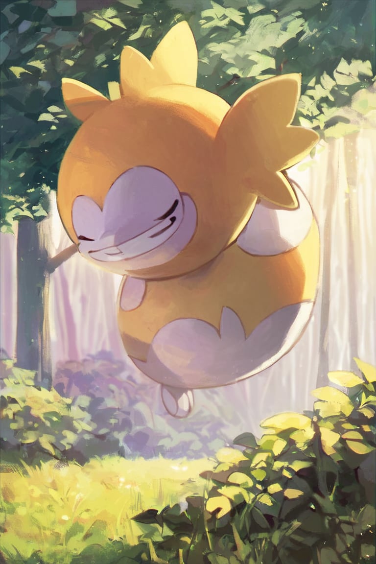 master piece, uniform 8k, ultra-detailed, score_9, score_8, best quality, 

(((onsokumaru))),  solo, all yellow colored body, one head, round body, smile, , closed eyes, grin, pokemon \(creature\), no humans, 

in the forest,
tree, nature, forest, day, 
