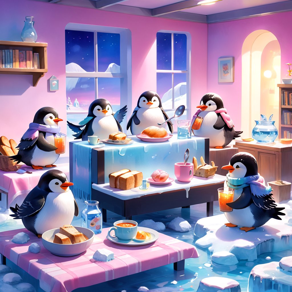 masterpiece, bestquality, illustration, watercolor,

animals , (fluffy:1.5),
4 fluffy penguins, scarfs, penguins wearing a scarf, talking, Eating bread, drinking soup with a spoon, 
in the ice room, ice low table,
stand next to the table,

cool color lighting in the room,

pink table cloth,  plate, water pot, glass,Four mugs, 4 plate with soup, a pot of soup, a salad bowl, a basket with bread,

Books, bookshelf, lamp, basket, small shelf, stuffed fish, radio cassette player,

black Arms that look like bird wings, 
cartoon, cute, fancy, putite, 

focus animal,
Xxmix_Catecat,Anime,hentai,More Reasonable Details