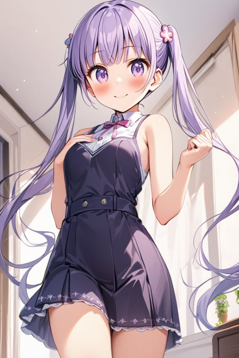 master piece, uniform 8k, ultra-detailed, score_9, score_8, best quality, very aesthetic, absurdres, amazing quality, beautiful details eyes, perfect hands,

1 girl,
suzukaze aoba, (hair ornament, long hair, purple eyes, purple hair, long twintails, flat breasts, blush, bangs:1.5),


smile, kawaii, cute,

clavicle, tiny mouth, 
summer dress, sleveless, lots of lace,


in girl's room, fancy items,

sexy pose, dynamic action, dynamic angle, dynamic shot,
looking at viewer, 
(form below:1.2),

suzukaze aoba,sakura nene