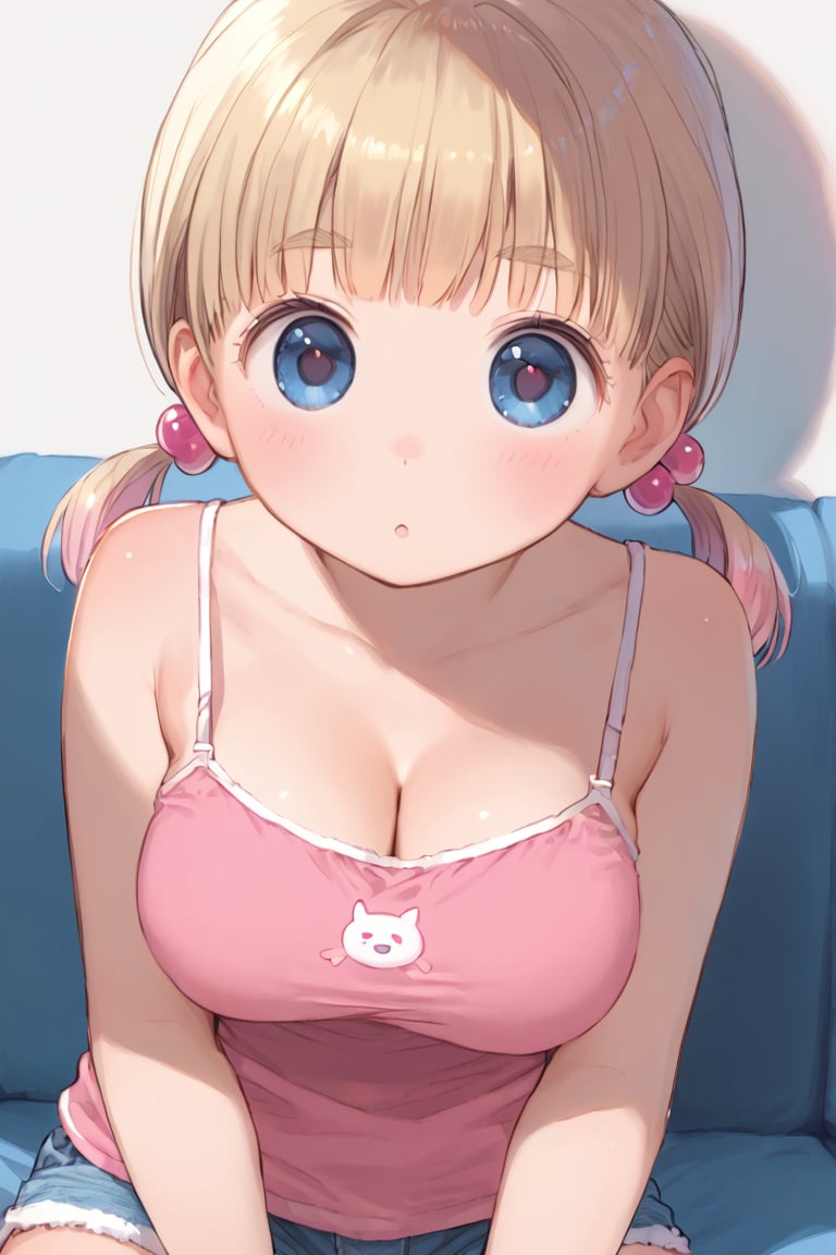 anime style, 
best quality, 8k, ultra-detailed, score_9, 
sakura nene, short hair, very short bangs, low short twintails, blonde hair, thin short eyebrows, blue eyes, hair bobbles, 

(((cute and round face))), big eyes, (((open eyes))), big eyeballs, anime style,

upper body, from front, busty, camisole, shorts,