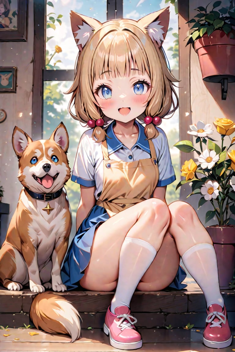 (masterpiece), sakura nene, 1girl, looking at viewer, blush, smile, short hair, open mouth, ((bangs)), blue eyes, blonde hair, brown hair, shirt, hair ornament, low twintails, , collarbone, :d, blunt bangs, hair bobbles ,

 , animal, white flower, shirt, animal ears, flower, collared shirt, , socks, , white socks, gloves, , apron,  sitting, , blush, ,tail, yellow flower, pink footwear, white shirt, animal ear fluff, , bird, kneehighs,, full body, skirt, rose, potted plant, , watering can, , shoes, blue skirt,

nsfw,
V-shraped eyebrows,
knees open sit, open legs,
knees away, korgi dog, dog between legs,
play with dog, dog looking a girl,
looking at dog, shot from front and below,

score_9,sakura nene,score_8_up,Details,mona,Detailed Masterpiece,nekomimimeganekao