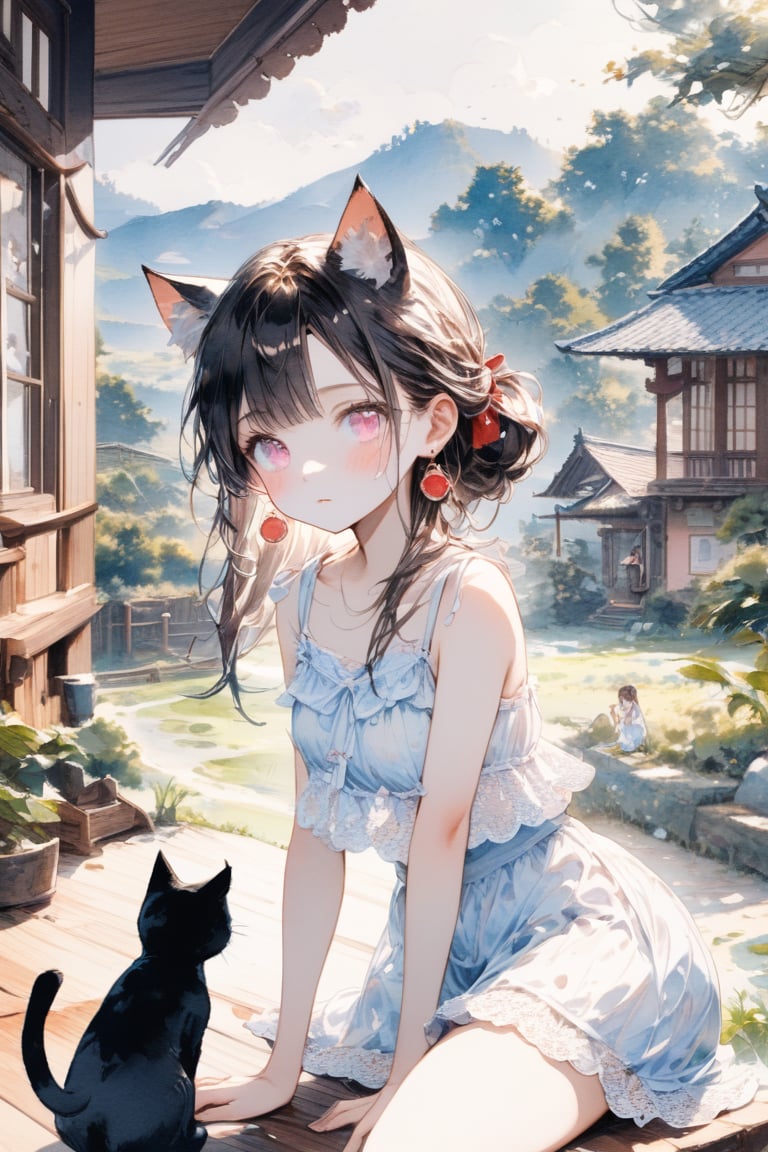 Masterpiece, beautiful details, perfect focus, uniform 8K wallpaper, high resolution, exquisite texture in every detail, one girl, solo, long hair, looking at the viewer, blush, bangs, , black hair, bow, jewelry , updo, cowboy shot, t,  earrings, pink eyes, clear eyes, leaning forward,\,,Chibi,watercolor \(medium\),scenery

,((black cat ear))
,3cats
,sit down ,M-shaped sitting, hip shift , Summer-like camisole dress with lots of lace ,the porch of a house in the Japanese countryside,scenery ,play with cats

,cowboy shot