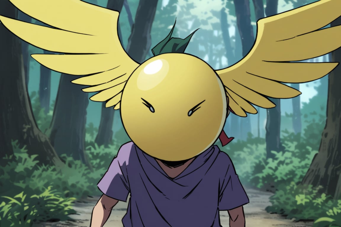 (((onsokumaru))), all yellow ball on wings and face, one head,  in the forest, 