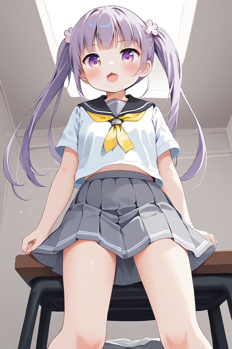 anime style,  uncensored, 
best quality, 8k, ultra-detailed, score_9, 

suzukaze aoba, 1girl, long hair, twintails, purple hiar, purple eyes, hair ornament, blush, bangs,

smile, kawaii, cute, open mouth, chestnut mouth,

clavicle, tiny mouth, 

BREAK,
kizaki school uniform,
summer, 
(single yellow line on white school uniform:2.0),
(black sailor collar, yellow ribbon tie:1.5), beautiful details navel, lifted black skirt, 
BREAK,

in girl's room, fancy items, sit on chair,

(sexy pose:1.5), dynamic action, dynamic angle, dynamic shot, (from below:1.5)
looking at viewer,Deformed