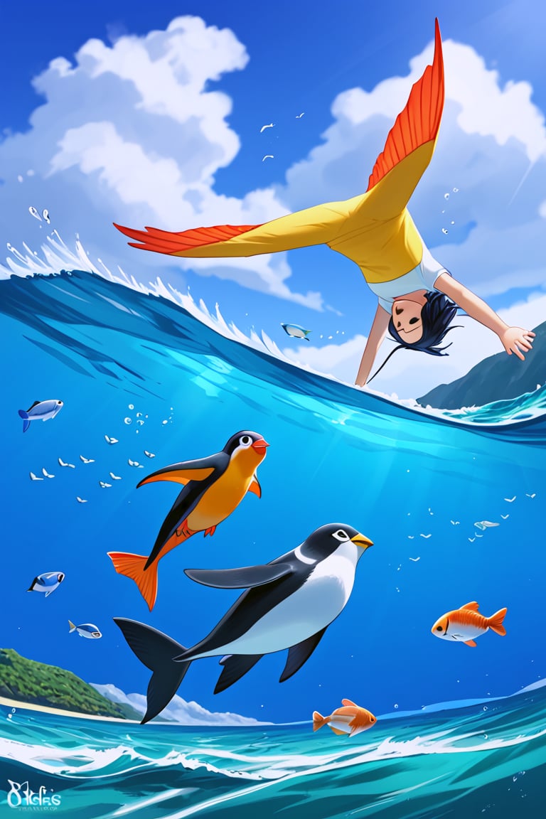 1 animal , penguin,

Emperor penguins, fish fins, fish tails, chicken legs, flying happily, ocean, icebergs, Antarctica, clear skies, dynamic action,