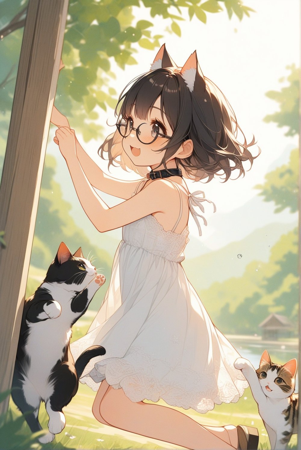 beautiful details, uniform 8K wallpaper, high resolution, exquisite texture in every detail,  beautiful illustration,manga touch

1girl, (((very young girl))), shyness,
summer, japanese countryside, in lakeside,
white Summer-like camisole dress , blue line ribbon, lots of lace,

((nekomimi)),Cat ears the same color as her hair,
short hair, open mouth, (glasses), round eyes, cat collar, , black hair, smile, :3,

in the park, play with cats,
frying,  jumping, fluttering in the wind,

shot angle is slightly tilted, adding dynamic movement to the shot, shot from side and below,
looking at cats, arms up, arm in cat, hand on cat, 
dynamic action,

nekomimimeganekao,Deformed