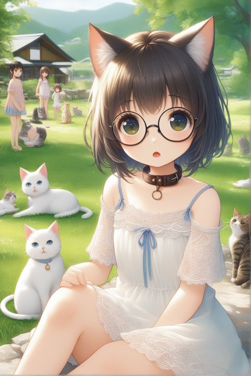 beautiful details, uniform 8K wallpaper, high resolution, exquisite texture in every detail,  beautiful illustration,manga touch

1girl, ((high school-age girl)), shyness,
look at viewer, cowboy shot,
summer, japanese countryside, in lakeside,
white Summer-like camisole dress , blue line ribbon, lots of lace,

((nekomimi)),Cat ears the same color as her hair,
short hair, open mouth, (glasses), round eyes, cat collar, , black hair, small mouth,

sitting, in the park, play with cats,


nekomimimeganekao