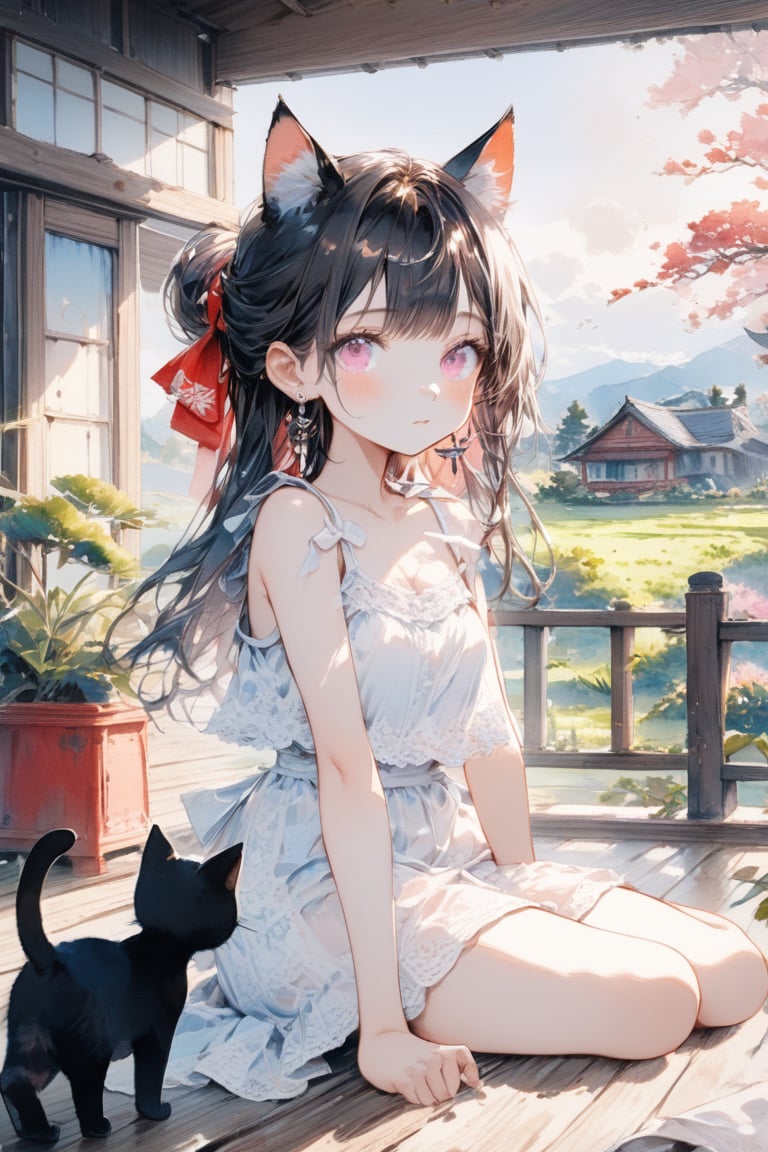 Masterpiece, beautiful details, perfect focus, uniform 8K wallpaper, high resolution, exquisite texture in every detail, one girl, solo, long hair, looking at the viewer, blush, bangs, , black hair, bow, jewelry , updo, cowboy shot, t,  earrings, pink eyes, clear eyes, leaning forward,\,,Chibi,watercolor \(medium\),scenery

,((black cat ear))
,3cats
,sit down ,M-shaped sitting, hip shift , Summer-like camisole dress with lots of lace ,the porch of a house in the Japanese countryside,scenery ,play with cats

,cowboy shot