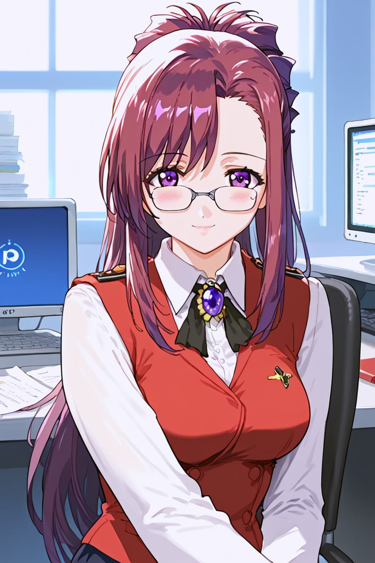 masterpiece, uniform 8k, ultra-detailed, best quality, perfect hands,
score_9, score_8_up, score_7_up, beautiful face, ultra-detaild face, ultra-detailed eyes,
1girl.  Our 20-year-old Japanese girl, (big purple eyes), (red long hair:1.5), and a shy smile,  Detailed hair. The cinematic light casts a warm glow on her , The ultra-detailed 8K digital painting captures this serene moment, inviting viewers to imagine the story behind those expressive eyes. beautiful,  
Extremely Realistic, 

kazami mizuho, 1girl, long hair, ponytail, (red hiar:1.5), (purple eyes:1.5), brooch, glasses, teacher, vest, red vest, white shirt, black, suit skirt,

blush, smile, :), 

 formal, dark blue jaket, dark blue skirt suit , neck ribbon, shirt,

sit on chair,

hand in mug,

in the office,
Partitioned work desk behind, 

Pen holder,  monitor, paper, pasted notes, thick book, casual pc chair, anime character figure,

looking at viewer, 
shot from front and below, cowboy shot, 
