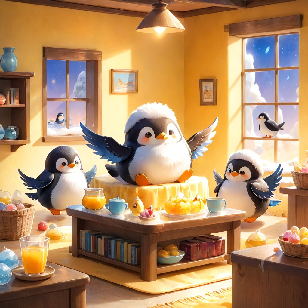 masterpiece, bestquality, illustration, watercolor,



animals , (fluffy:1.5),
3 fluffy penguins, talking, in the ice room, ice low table,
stand by the table,

Warm color lighting in the room,

yellow table cloth, juice, straw, sweets on a plate, pot, tea cup,

Books, bookshelf, lamp, basket, small shelf, stuffed fish,

bird wings, No arms, use wings like arms,
cartoon, cute, fancy, putite, 

focus animal,
Xxmix_Catecat,Anime,hentai,More Reasonable Details