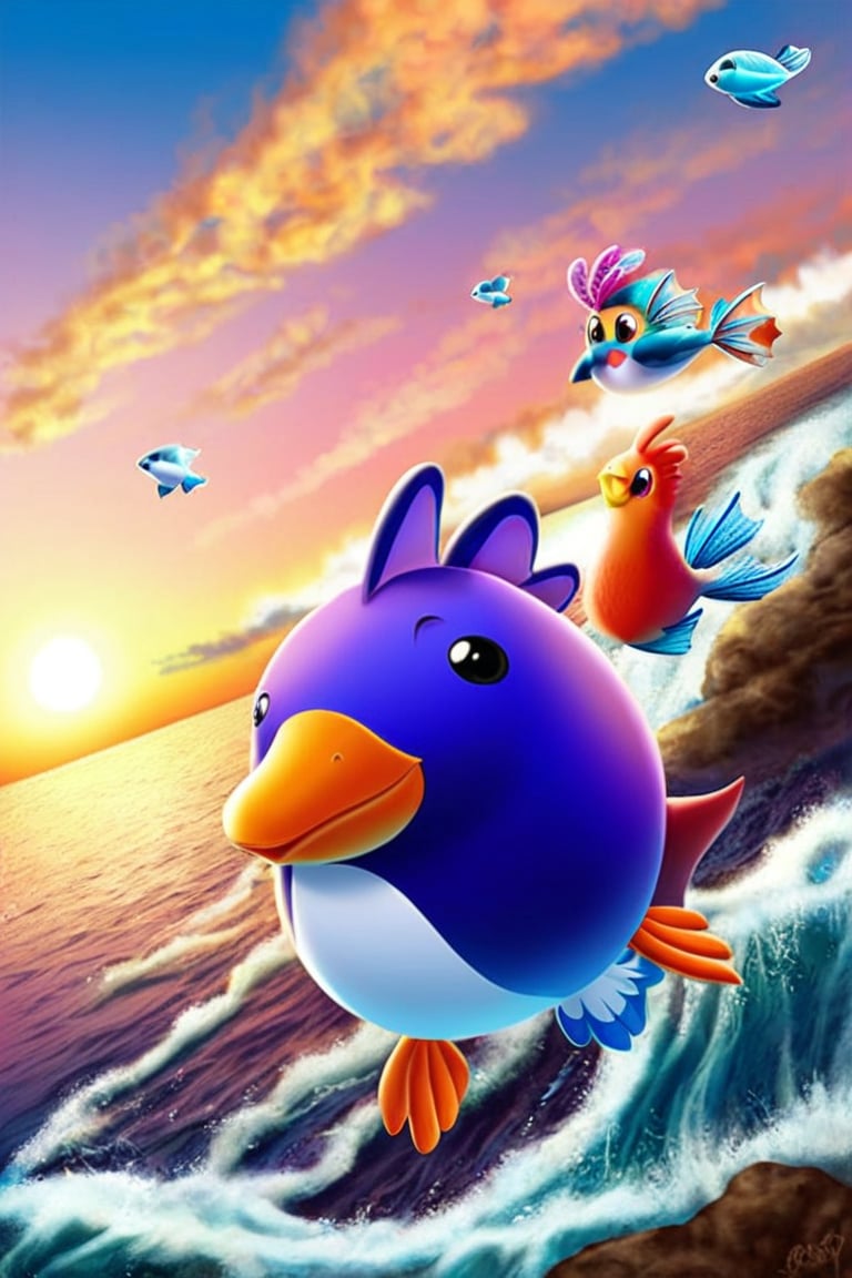 cute animals , fancy, fantasy,

penguin, like a bird, mini fish fins, mini fish tail, chicken legs, ((stubby)), ((short stature)), 

happily flying, ocean, iceberg, Antarctica, sunny sky, dynamic action,

focus animal,