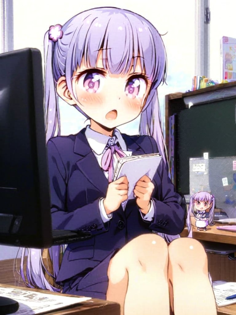 8k, ultra detailed, 
suzukaze aoba, 1girl, long hair, twintails, purple hiar, purple eyes, hair ornament,

 looking at viewer, blush, V-sharped eyebrows, :o, 

 formal,  jaket, skirt suit , neck ribbon, 

sit on chair,

A box of sweets is on own lap, pick it up and eat stick chocorate with own fingers,

in the office,
Partitioned work desk behind, 

Pen holder, pen tablet, monitor, paper, pasted notes, thick book, casual pc chair, anime character figure,

shot from front , cowboy shot,

suzukaze aoba,