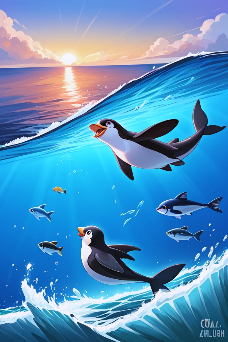 1 animal , penguin, Emperor penguin, fish fin, fish tail, flying happily, ocean, iceberg, Antarctica, clear sky, dynamic action,