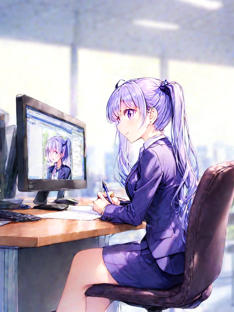 8k, ultra detailed, 
suzukaze aoba, 1girl, long hair, twintails, purple hiar, purple eyes, hair ornament,



formal,  dark blue jaket suit, dark blue skirt suit , neck ribbon, 

sit on chair,

looking at another, V-shaped eyebrows, close eyes, o3o,  look to monitor, monitor showing the game,
hand on pen,

in the office,
Partitioned work desk behind, 

Pen holder, pen tablet, monitor, paper, pasted notes, thick book, casual pc chair, anime character figure, mug, bottle of juice,

shot from side and below, cowboy shot,perfect focus,

suzukaze aoba,