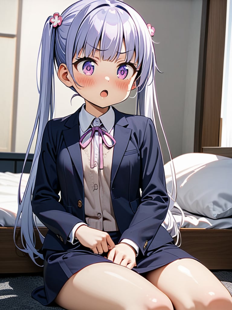 8k, ultra detailed, 
suzukaze aoba, 1girl, long hair, twintails, purple hiar, purple eyes, hair ornament,

looking at another, blush, V-shaped eyebrows, :o, 

formal, dark blue jaket, dark blue skirt suit , neck ribbon, 

sit on bed,
M-shaped sitting,
in the bed room,

shot from front , cowboy shot,