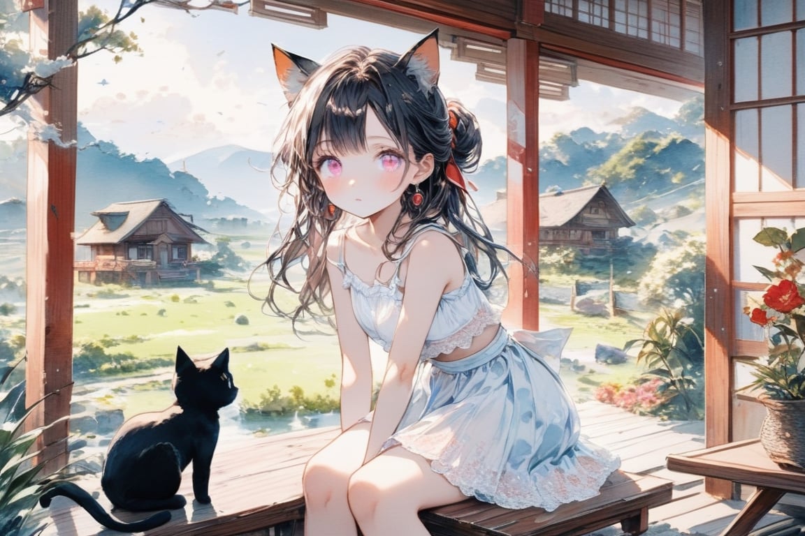 Masterpiece, beautiful details, perfect focus, uniform 8K wallpaper, high resolution, exquisite texture in every detail, one girl, solo, long hair, looking at the viewer, blush, bangs, , black hair, bow, jewelry , updo, cowboy shot, t,  earrings, pink eyes, clear eyes, leaning forward,\,,Chibi,watercolor \(medium\),scenery

,((black cat ear))
,3cats
,sit down ,M-shaped sitting, hip shift , Summer-like camisole dress with lots of lace ,the porch of a house in the Japanese countryside,scenery ,play with cats