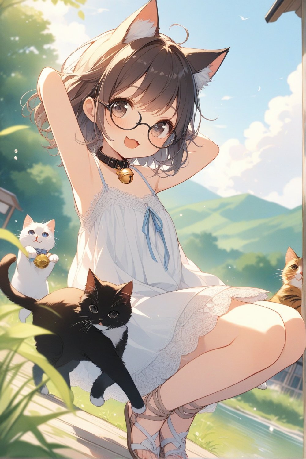 beautiful details, uniform 8K wallpaper, high resolution, exquisite texture in every detail,  beautiful illustration,manga touch, good contrast

1girl, (((very young girl))), shyness,
summer, blue sky, japanese countryside, in lakeside,

white Summer-like camisole dress , blue line ribbon, lots of lace,

((nekomimi)),Cat ears the same color as her hair,
short hair, open mouth, (glasses), round eyes, cat collar,  bell, jingle bell, neck bell, black hair, smile, :3,

in the park, 
play with cats, looking at cats, arms up, arm in cat, hand on cat, 
frying,  jumping, fluttering in the wind,
dynamic action,

shot angle is slightly tilted, adding dynamic movement to the shot, shot from side and below,

nekomimimeganekao,Deformed