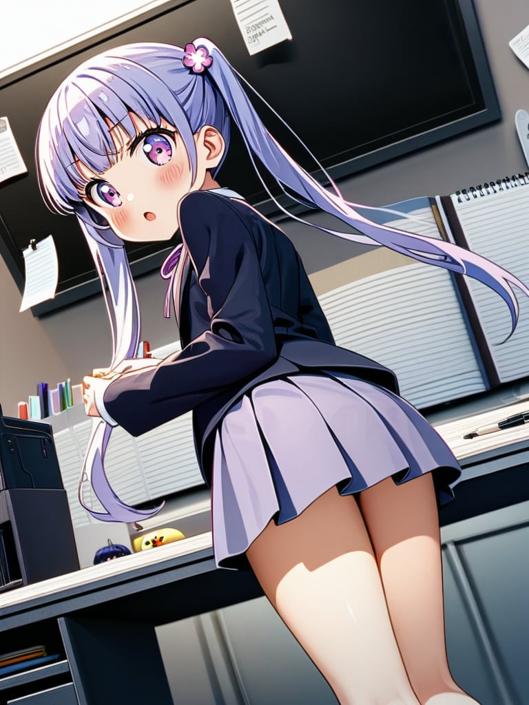 8k, ultra detailed, 
suzukaze aoba, 1girl, long hair, twintails, purple hiar, purple eyes, hair ornament,

 looking at viewer, blush, V-sharped eyebrows, :o, 

 formal,  jaket, skirt suit , neck ribbon, 

sit on chair,

A box of sweets is on own lap, pick it up and eat stick chocorate with own fingers,

in the office,
Partitioned work desk behind, 

Pen holder, pen tablet, monitor, paper, pasted notes, thick book, casual pc chair, anime character figure,

shot from behind and below
, cowboy shot,

suzukaze aoba,