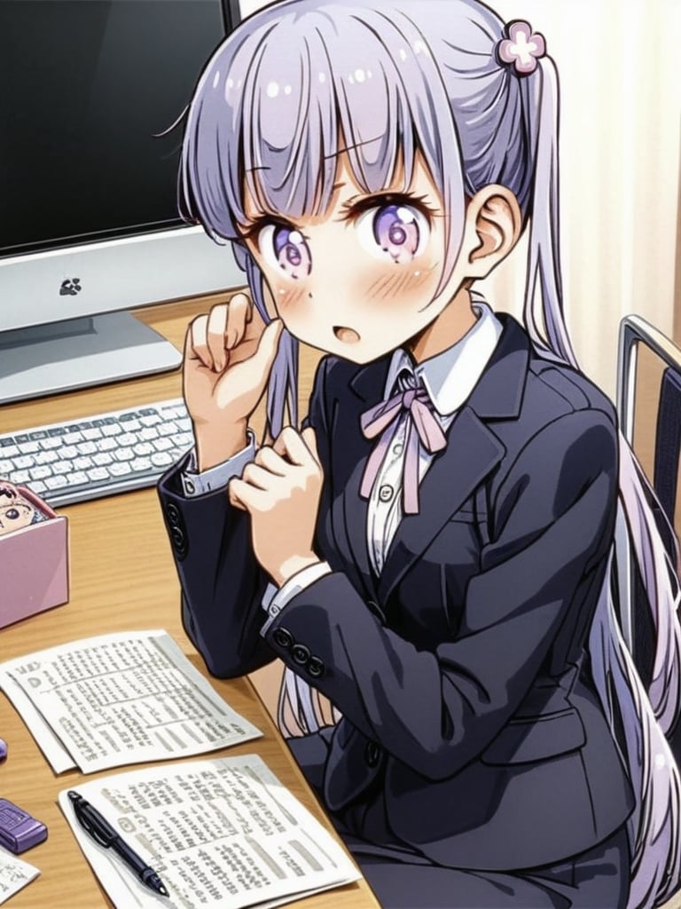 8k, ultra detailed, 
suzukaze aoba, 1girl, long hair, twintails, purple hiar, purple eyes, hair ornament,

 looking at viewer, blush, V-sharped eyebrows, :o, 

 formal,  jaket, skirt suit , neck ribbon, 

sit on chair,

A box of sweets is on own lap, pick it up and eat stick chocorate with own fingers,

in the office,
Partitioned work desk behind, 

Pen holder, pen tablet, monitor, paper, pasted notes, thick book, casual pc chair, anime character figure,

shot from front , cowboy shot,

suzukaze aoba,