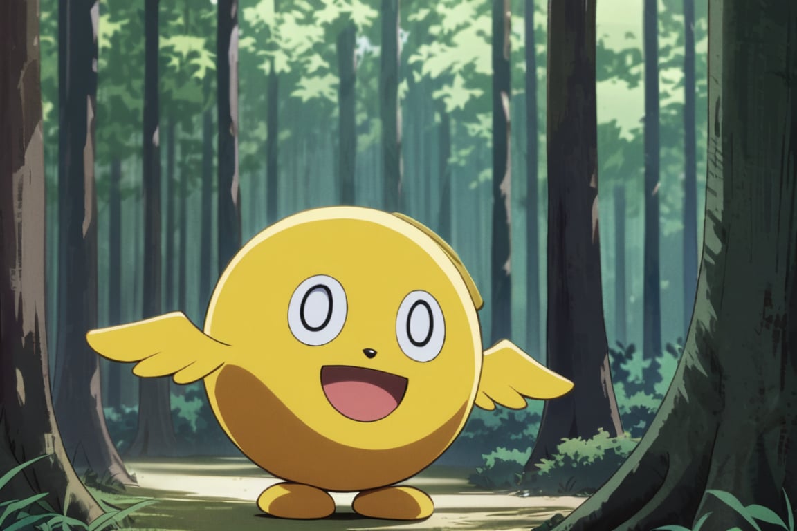 (((onsokumaru))), all yellow ball on wings and face, one head,  in the forest, no body, mascot character,
