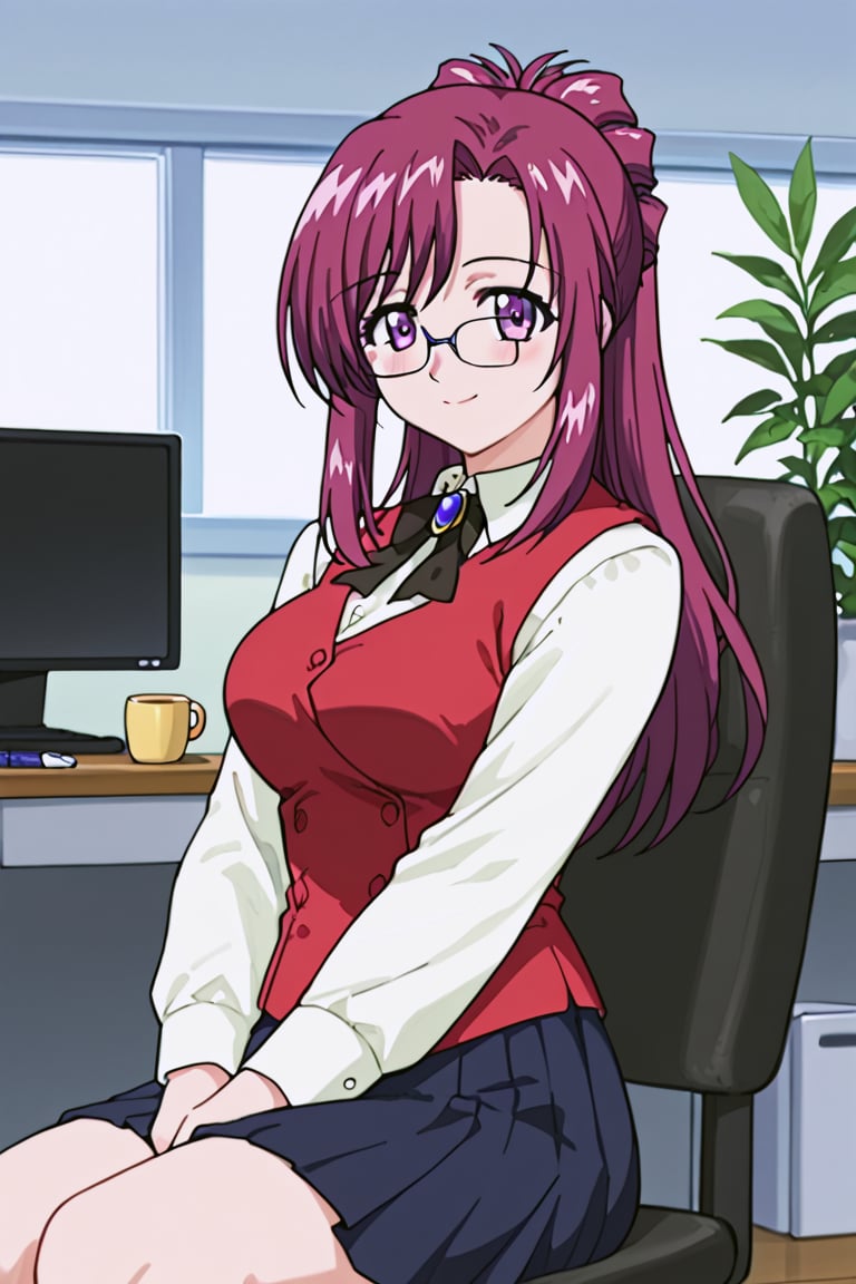 masterpiece, uniform 8k, ultra-detailed, best quality, perfect hands,
score_9, score_8_up, score_7_up, beautiful face, ultra-detaild face, ultra-detailed eyes,
1girl.  Our 20-year-old Japanese girl, (big purple eyes), (red long hair:1.5), and a shy smile,  Detailed hair. The cinematic light casts a warm glow on her , The ultra-detailed 8K digital painting captures this serene moment, inviting viewers to imagine the story behind those expressive eyes. beautiful,  
Extremely Realistic, 

kazami mizuho, 1girl, long hair, ponytail, (red hiar:1.5), (purple eyes:1.5), brooch, glasses, teacher, vest, red vest, white shirt, black, suit skirt,

blush, smile, :), 

 formal, dark blue jaket, dark blue skirt suit , neck ribbon, shirt,

sit on chair,

hand in mug,

in the office,
Partitioned work desk behind, 

Pen holder,  monitor, paper, pasted notes, thick book, casual pc chair, anime character figure,

looking at viewer, 
shot from front and below, cowboy shot, 
