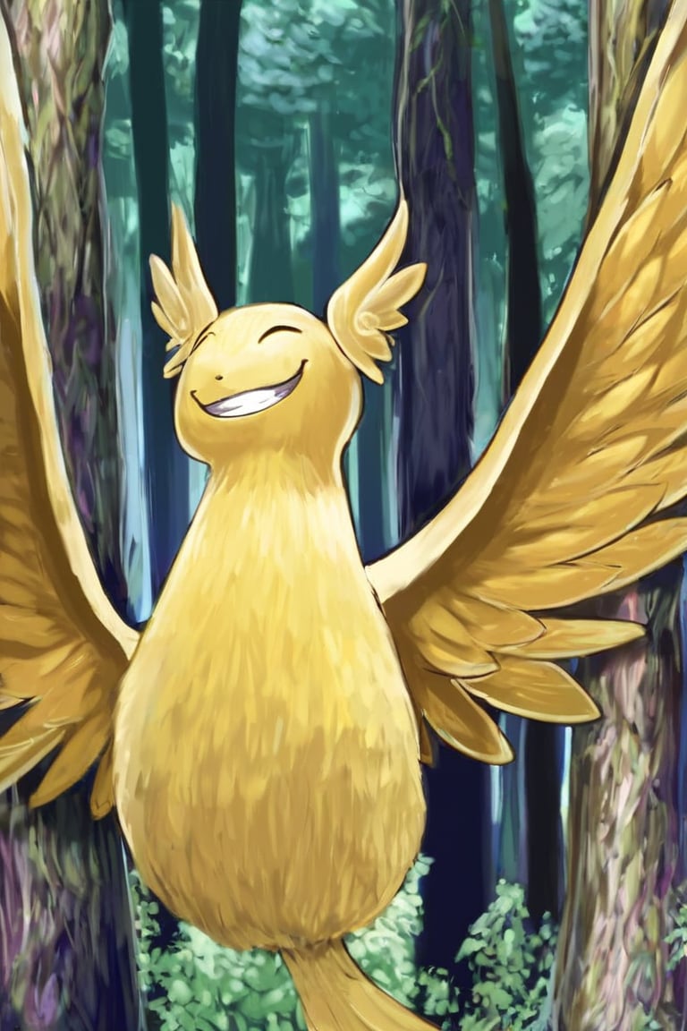 master piece, best quality, 

onsokumaru, creature,  solo,  smile, , closed eyes, grin,  no humans,  one head, yellow wings,
 
in the forest,
tree, nature, forest, day, 
