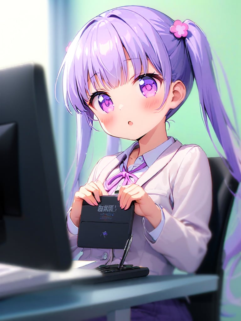 8k, ultra detailed, 
suzukaze aoba, 1girl, long hair, twintails, purple hiar, purple eyes, hair ornament,

 looking at viewer, blush, V-sharped eyebrows, :o, 

 formal,  jaket, skirt suit , neck ribbon, 

sit on chair,

A box of sweets is on own lap, pick it up and eat stick chocorate with own fingers,

in the office,
Partitioned work desk behind, 

Pen holder, pen tablet, monitor, paper, pasted notes, thick book, casual pc chair, anime character figure,

shot from side and below
, cowboy shot,

suzukaze aoba,