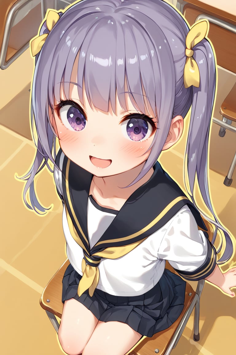 anime style,  uncensored, 
best quality, 8k, ultra-detailed, score_9, 

suzukaze aoba, 1girl, long hair, twintails, purple hiar, purple eyes, hair ornament, blush, bangs,

smile, kawaii, cute, open mouth, chestnut mouth,

clavicle, tiny mouth, 

BREAK,
kizaki school uniform,
summer, 
(single yellow line on white school uniform:1.7),
(black sailor collar, yellow ribbon tie:1.5), beautiful details navel, lifted black skirt, 
BREAK,

in girl's room, fancy items, sit on chair,

(sexy pose:1.5), dynamic action, dynamic angle, dynamic shot, (from above:2.0),
looking at viewer,
score_8_up,score_7_up