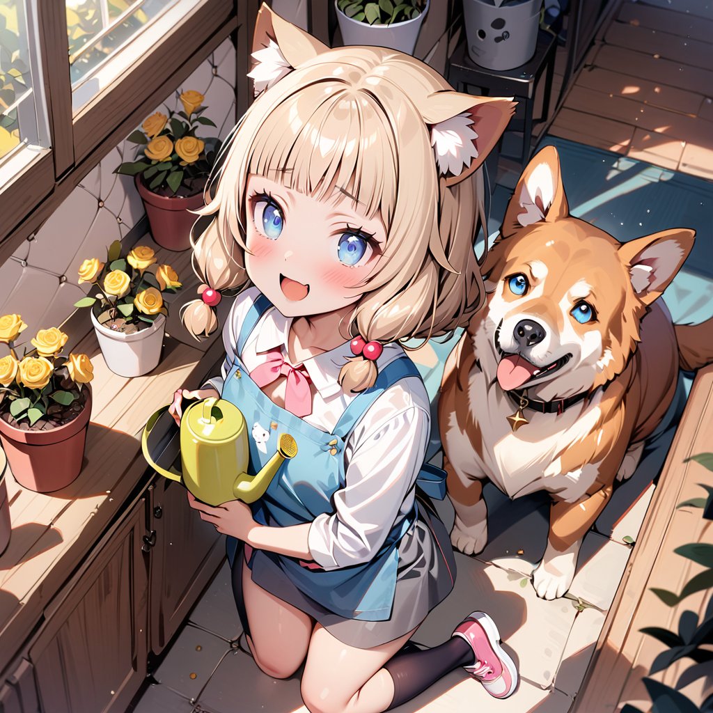 (masterpiece), sakura nene, 1girl, looking at viewer, blush, smile, short hair, open mouth, ((bangs)), blue eyes, blonde hair, brown hair, shirt, hair ornament, twintails, , collarbone, :d, blunt bangs, hair bobbles ,

 , animal, white flower, shirt, animal ears, flower, collared shirt, , socks, , black socks, gloves, , apron, holding, lie on back, , blush, ,tail, yellow flower, pink footwear, white shirt, animal ear fluff, , bird, kneehighs, full body, skirt, rose, potted plant, , watering can, , shoes, grey skirt,

dog on chest, looking at dog, shot from side and above,

score_9,sakura nene,score_8_up,Details,mona,Detailed Masterpiece