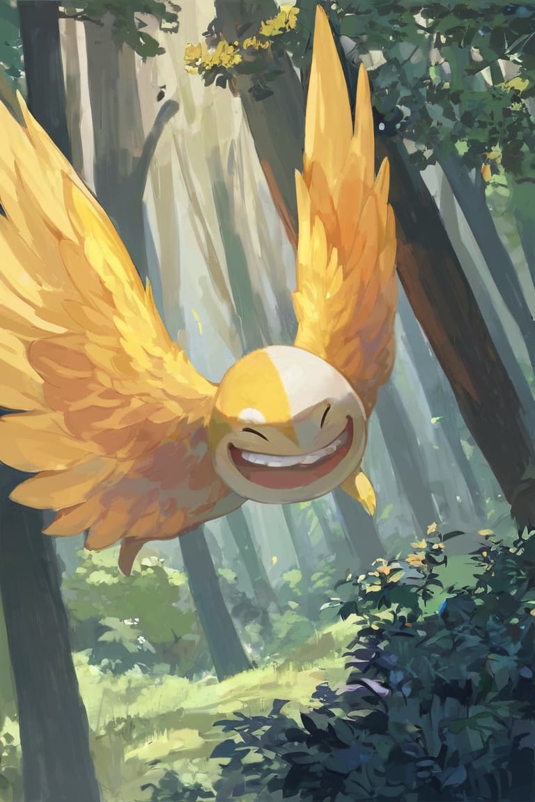 master piece, uniform 8k, ultra-detailed, score_9, score_8, best quality, 

(((onsokumaru))),creature,  solo,  smile, , closed eyes, grin,  no humans,  one head, yellow wings,
 
in the forest,
tree, nature, forest, day, 
